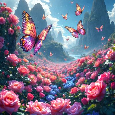Primary subject: A field of flowers with butterflies flying around them.

Setting/background: The flowers are in a valley with mountains in the background.

Visual style: The image is a digital artwork featuring a vibrant and colorful scene.

Colors and mood: The scene is predominantly pink, with the flowers and butterflies adding a sense of warmth and beauty to the image.